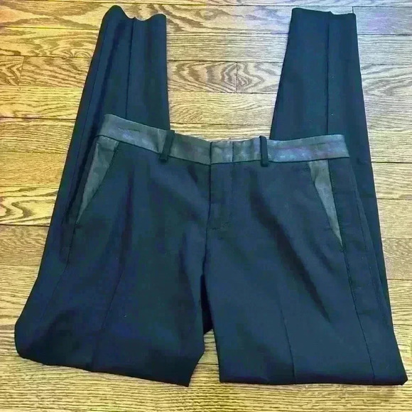 Vince 'Strapping' Leather Trim WOOL Trousers PANT BLACK 2 - Picture 2 of 7